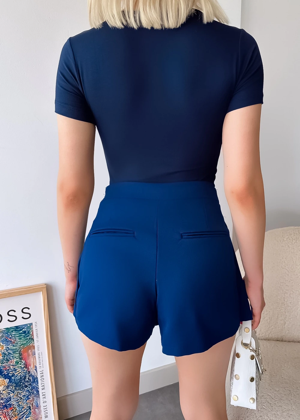 Kadın Kısa Kol Kare Yaka Lacivert Düz Renk Viskon Bluz