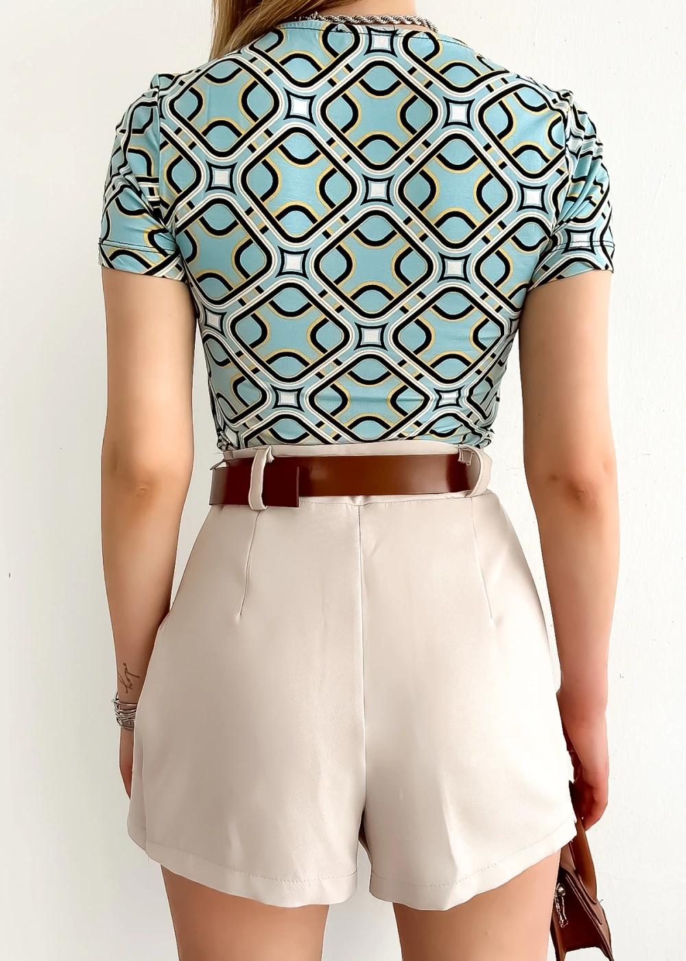 Kadın Kısa Kol Kare Yaka Mavi Desenli