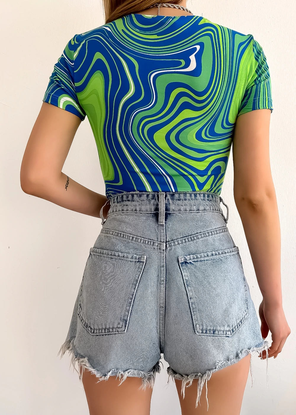 Kadın Kısa Kol Kare Yaka Yeşil Krema Desenli