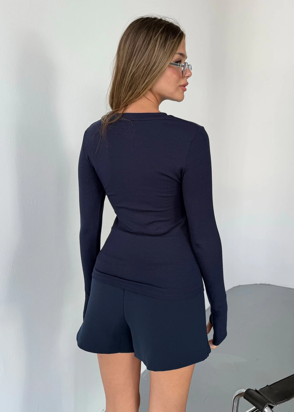 Kadın Lacivert Bisiklet Yaka Parmak Geçmeli Modal Kumaş Body