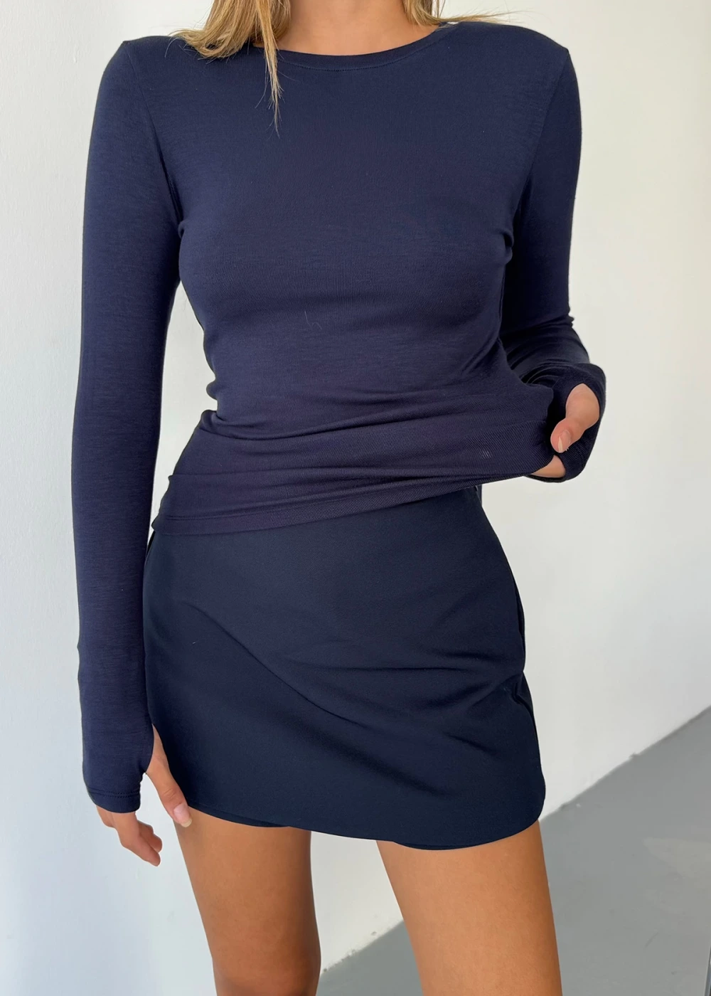 Kadın Lacivert Bisiklet Yaka Parmak Geçmeli Modal Kumaş Body