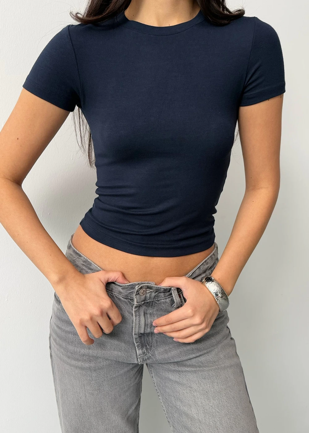 Kadın Lacivert Buzy Modal Kumaş Bisiklet Yaka Basic Kısa Kol Bluz