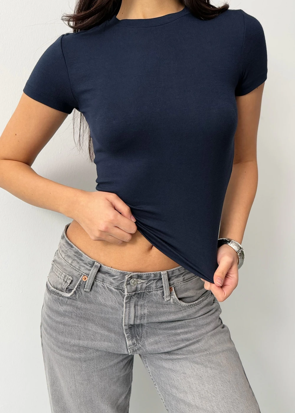 Kadın Lacivert Buzy Modal Kumaş Bisiklet Yaka Basic Kısa Kol Bluz