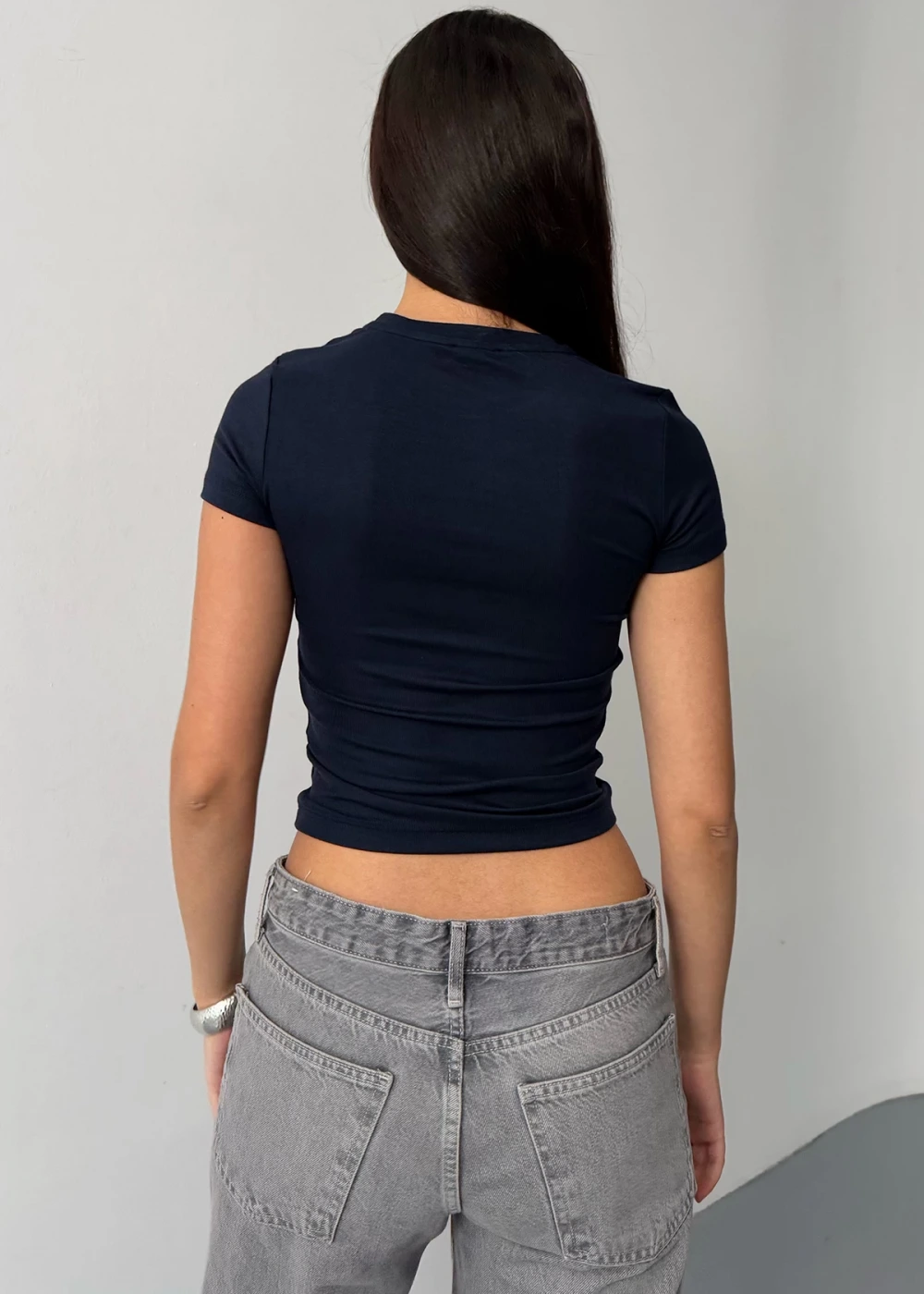 Kadın Lacivert Buzy Modal Kumaş Bisiklet Yaka Basic Kısa Kol Bluz