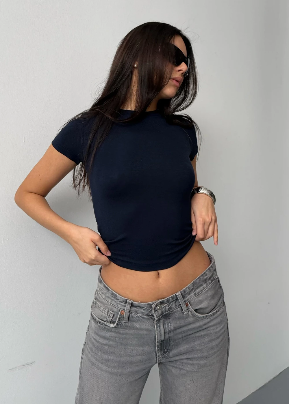 Kadın Lacivert Buzy Modal Kumaş Bisiklet Yaka Basic Kısa Kol Bluz