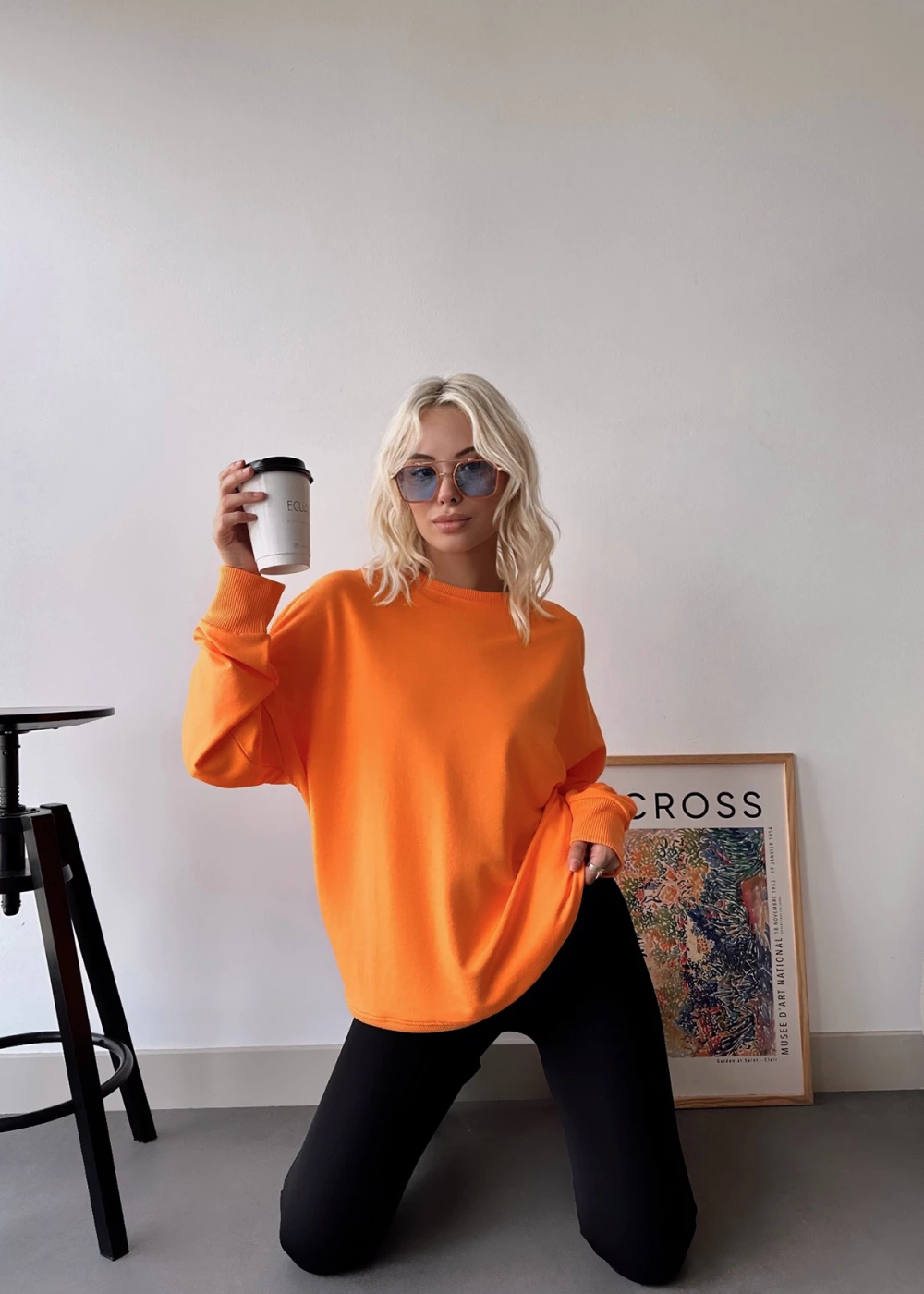 Kadın Neon Turuncu Over Size Luxury Basic Sweatshirt