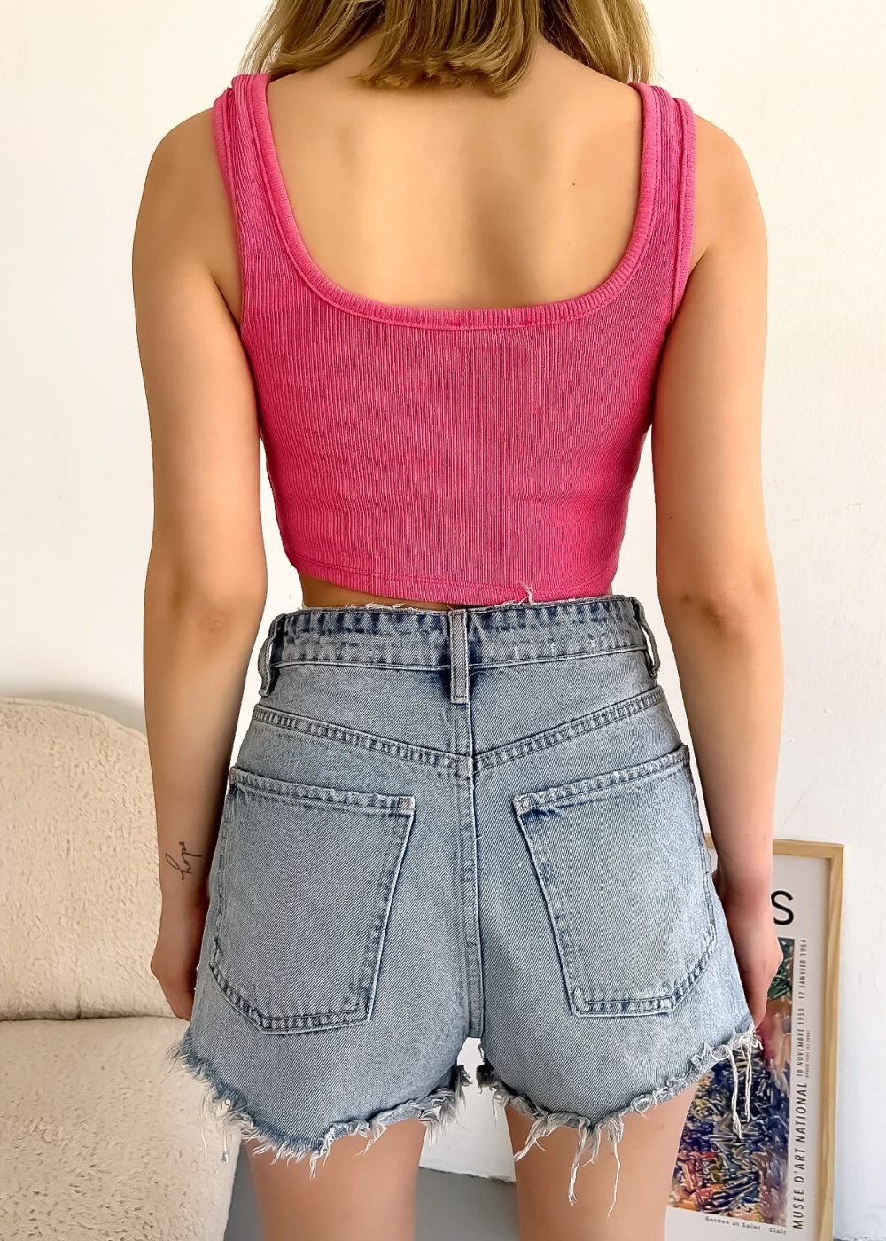 Kadın Pembe Kalın Askılı Kaşkorse Basic Crop Bluz