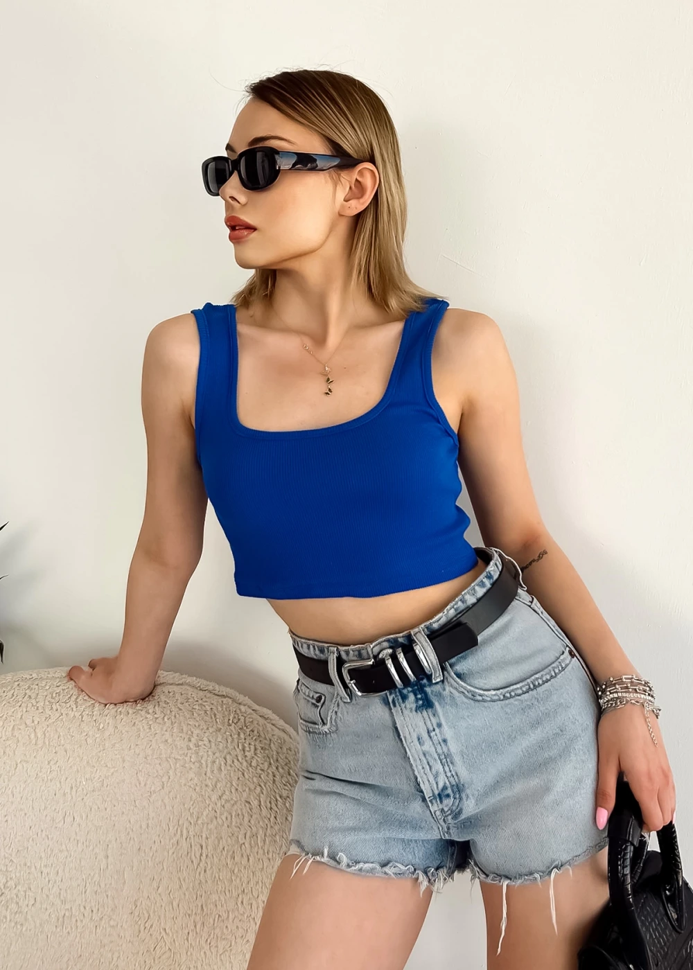 Kadın Saks Mavi Kalın Askılı Kaşkorse Basic Crop Bluz