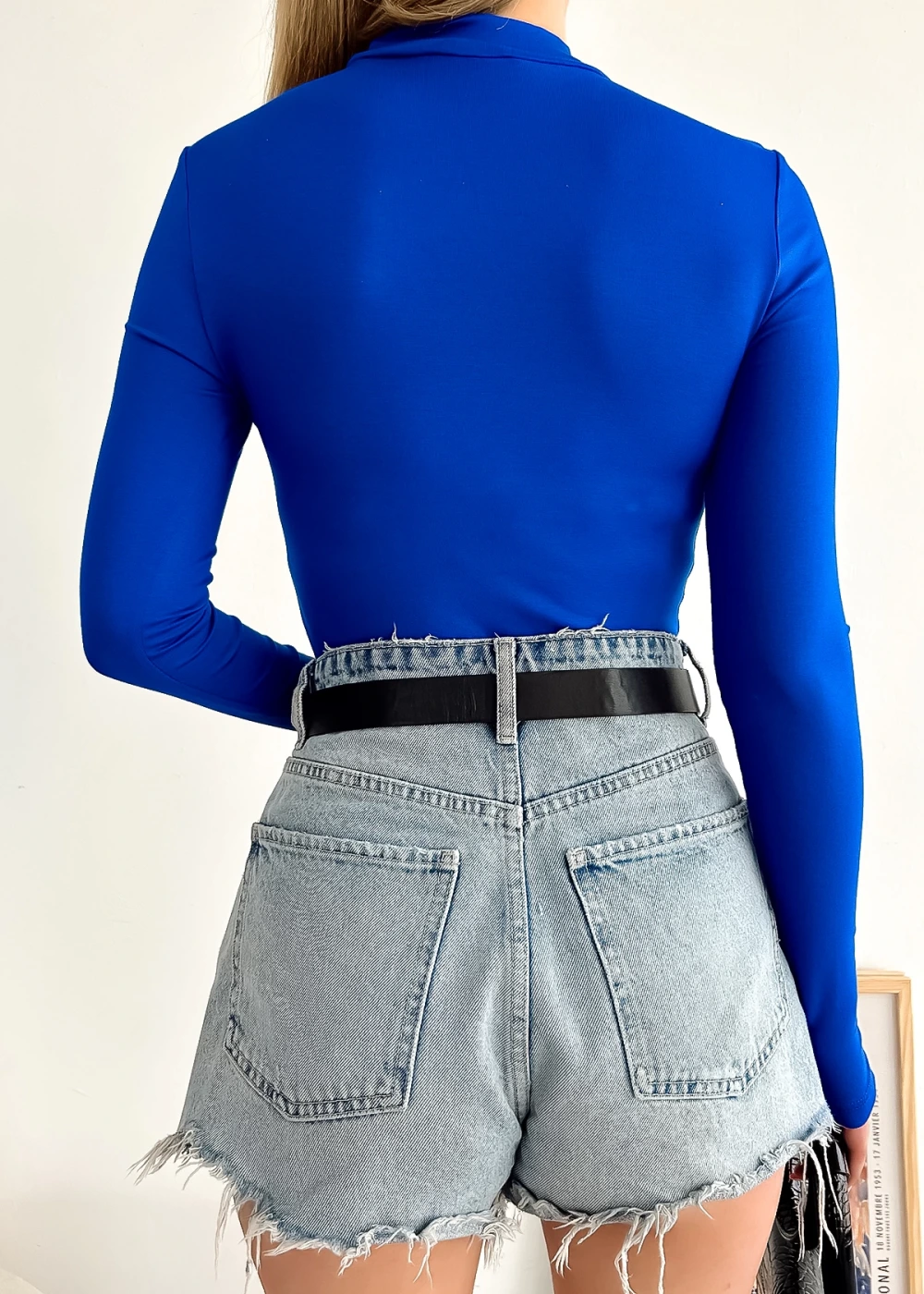 Kadın Saks MAvi Uzun Kol Dik Yaka Basic Body