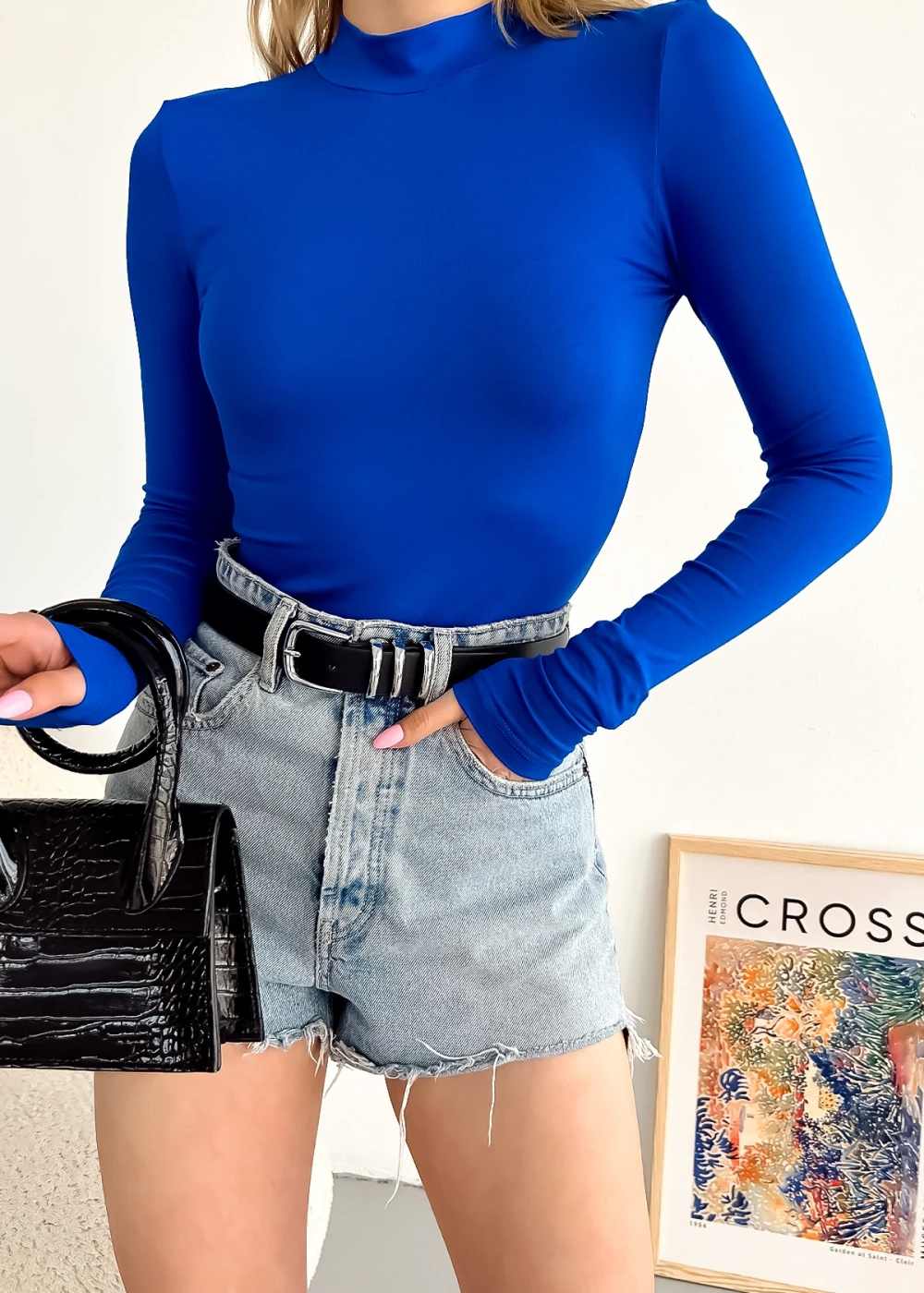 Kadın Saks MAvi Uzun Kol Dik Yaka Basic Body