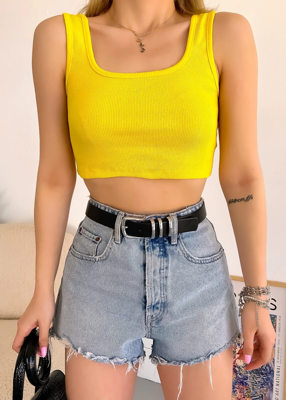 Kadın Sarı Kalın Askılı Kaşkorse Basic Crop Bluz