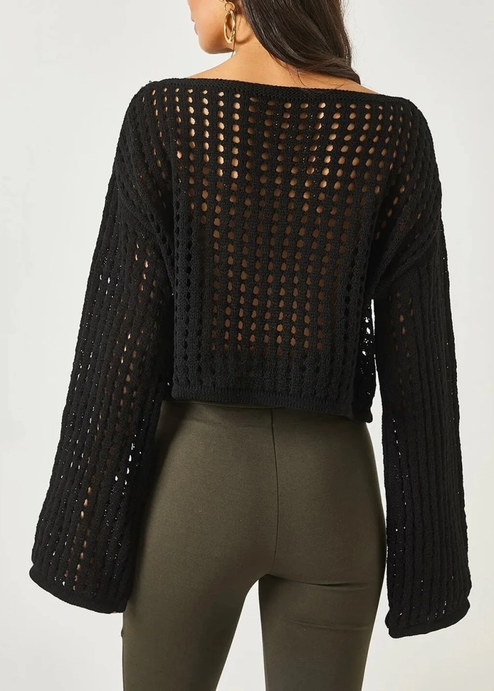 Kadın Siyah Ajurlu Triko Crop Bluz