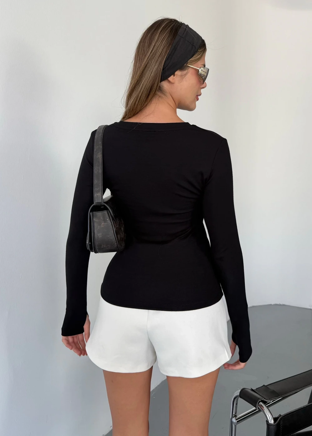 Kadın Siyah Bisiklet Yaka Parmak Geçmeli Modal Kumaş Body