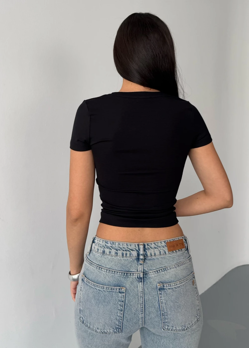 Kadın Siyah Buzy Modal Kumaş Bisiklet Yaka Basic Kısa Kol Bluz