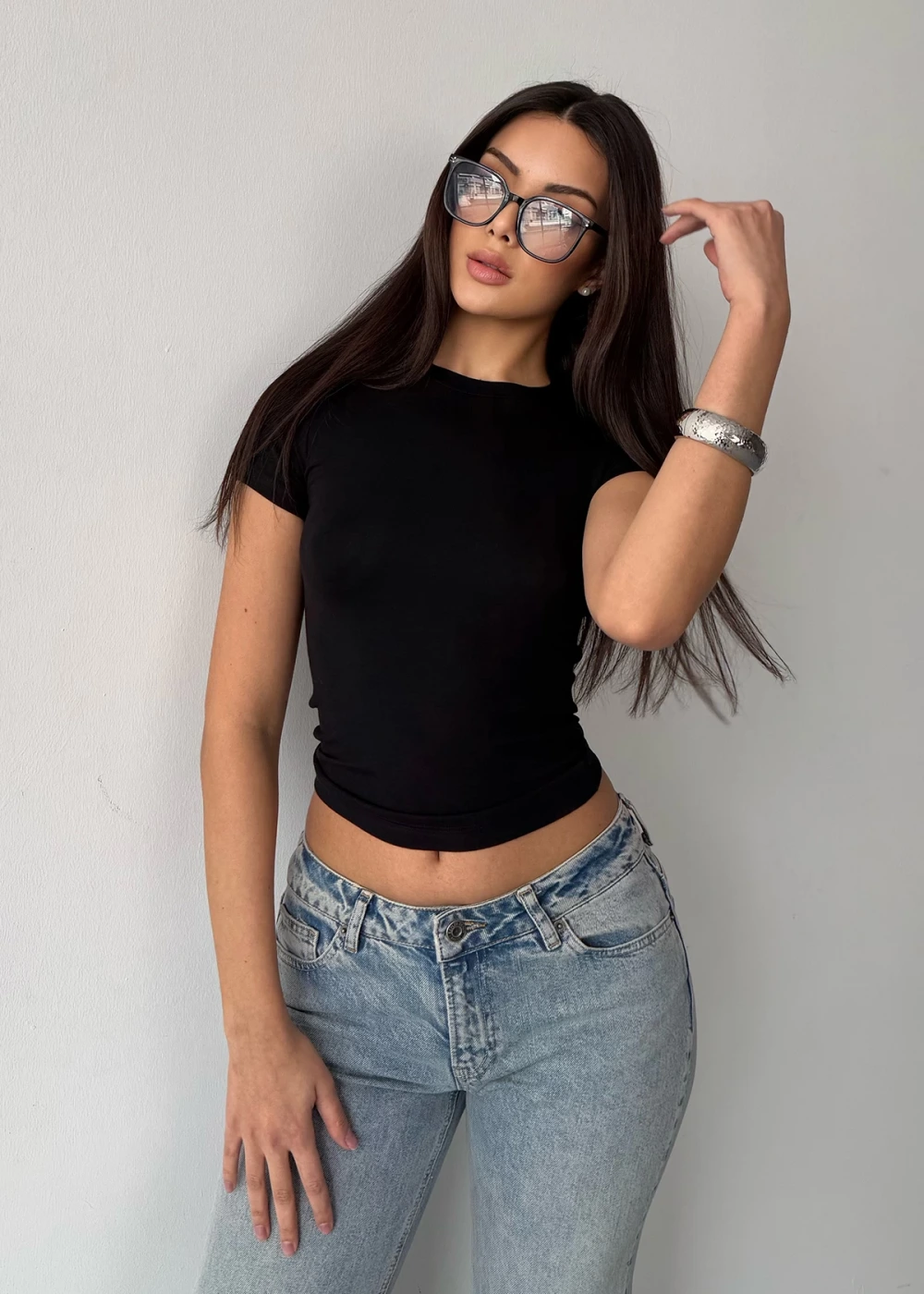 Kadın Siyah Buzy Modal Kumaş Bisiklet Yaka Basic Kısa Kol Bluz