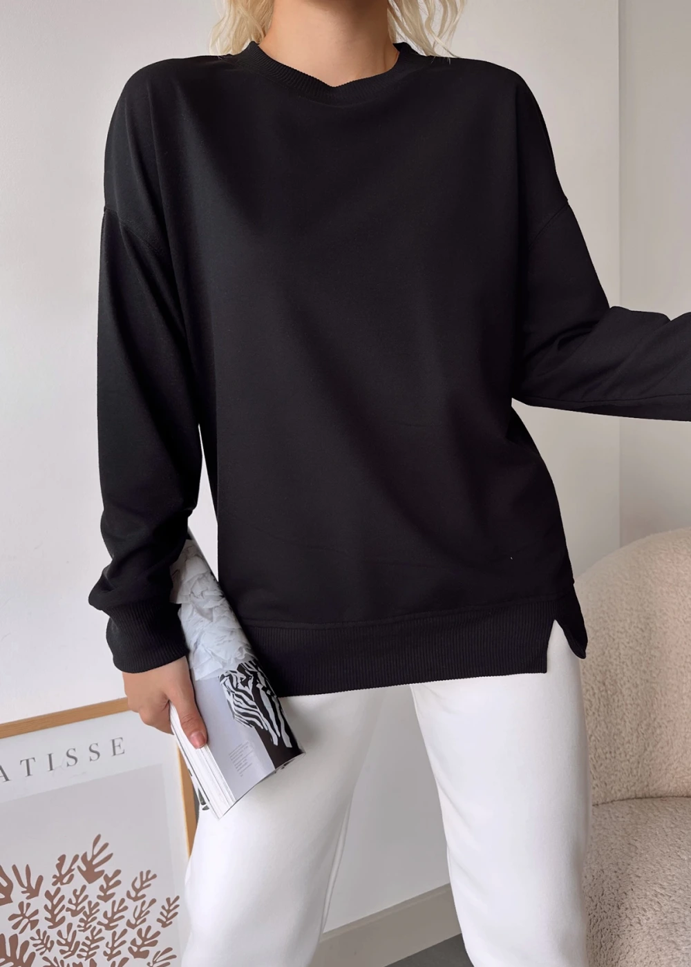 Kadın Siyah Over Size Luxury Basic Sweatshirt