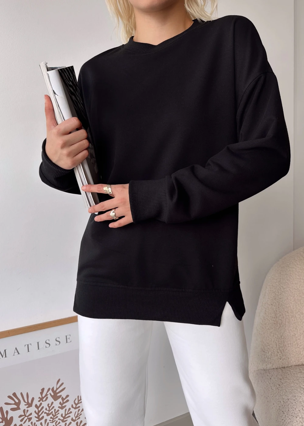 Kadın Siyah Over Size Luxury Basic Sweatshirt