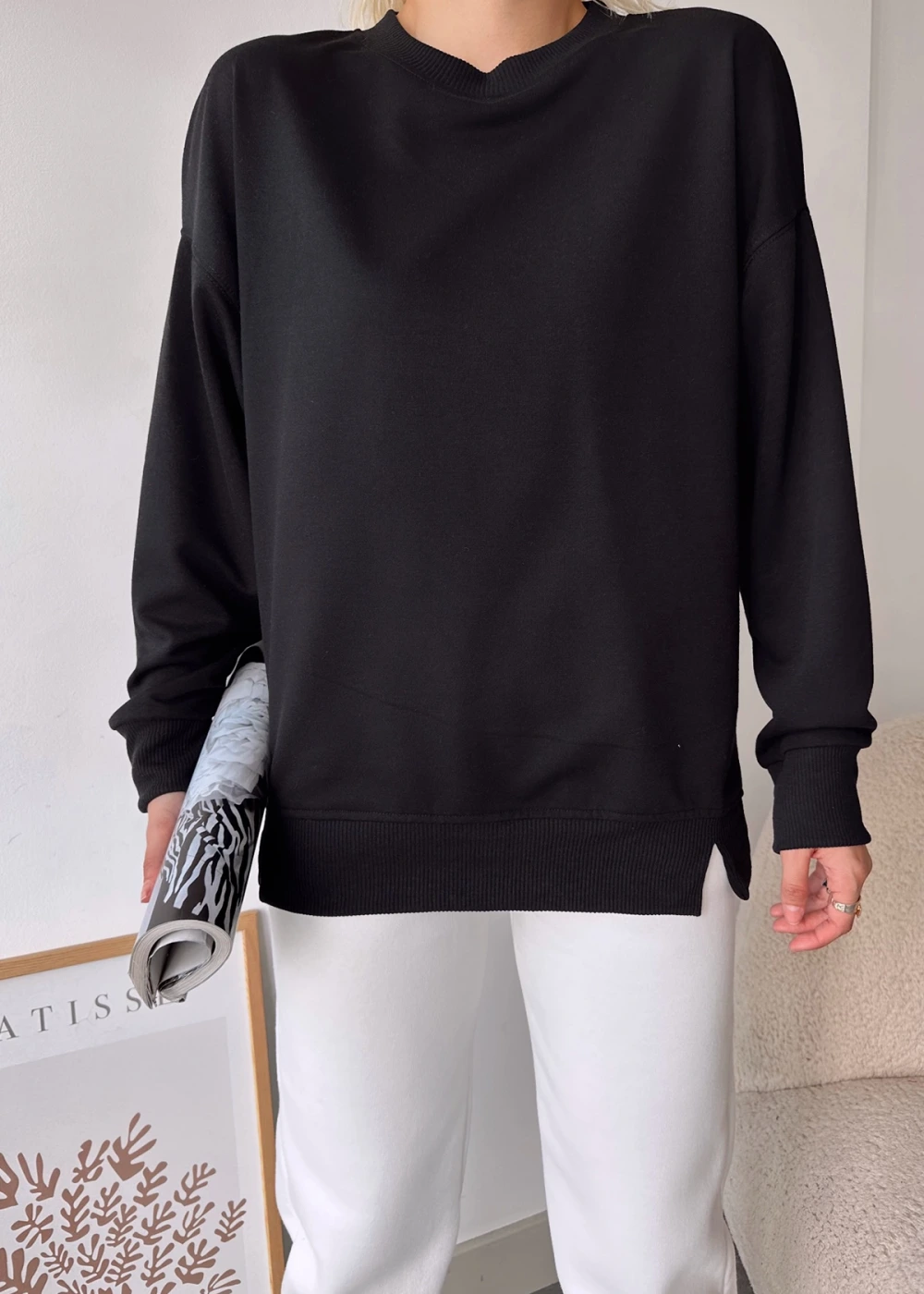 Kadın Siyah Over Size Luxury Basic Sweatshirt