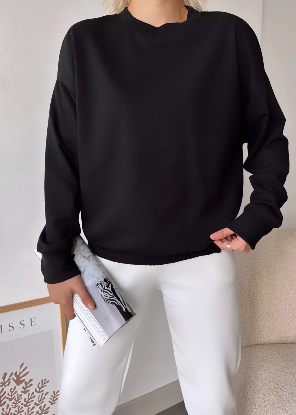 Kadın Siyah Over Size Luxury Basic Sweatshirt