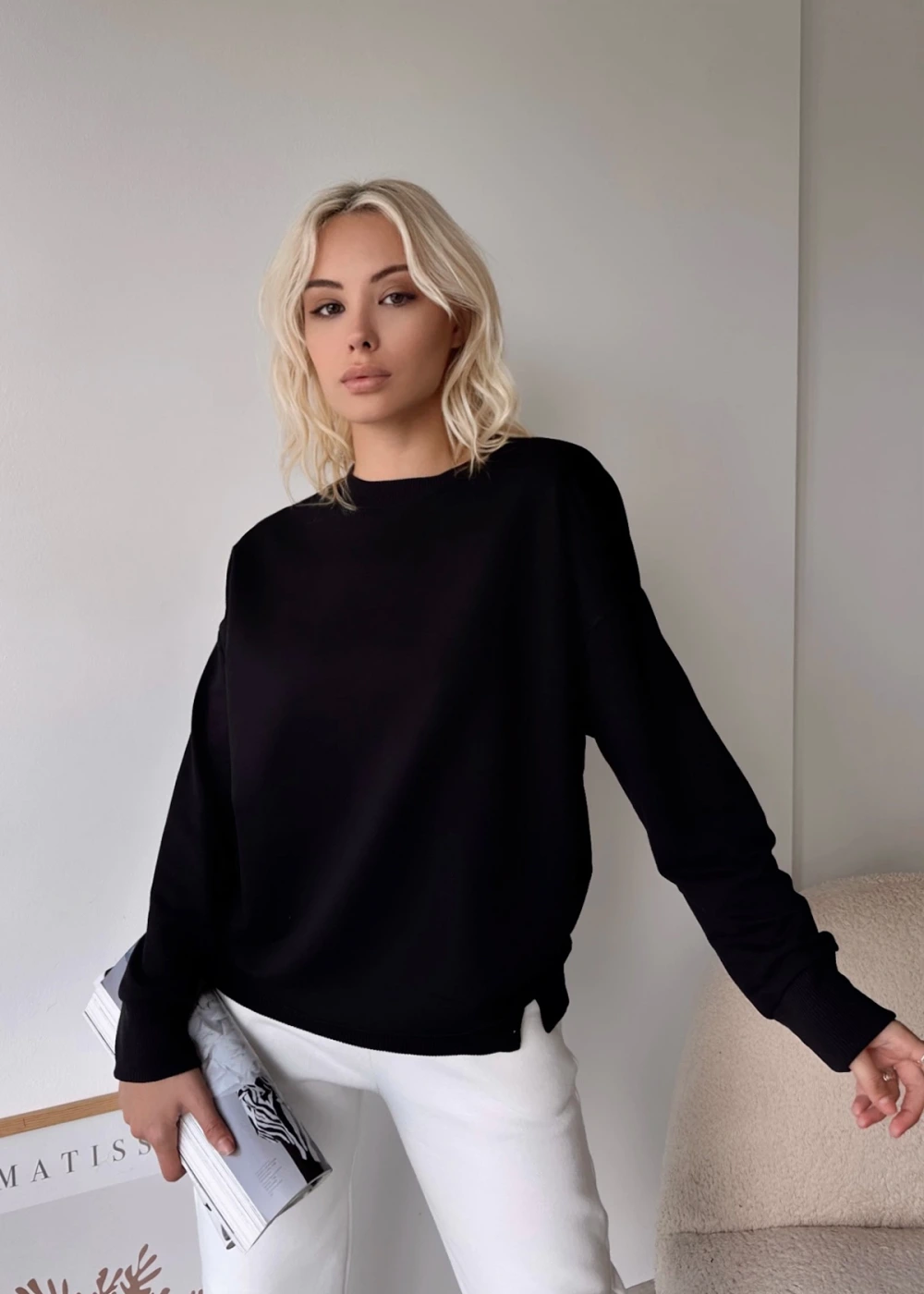 Kadın Siyah Over Size Luxury Basic Sweatshirt