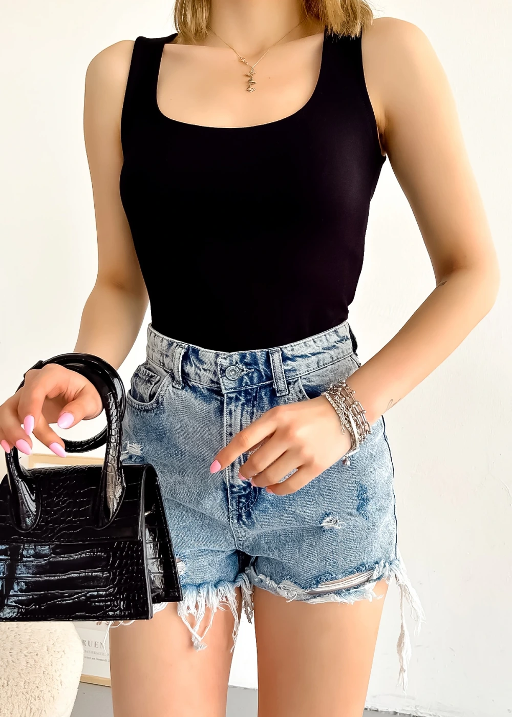 Kadın Siyah Sıfır Kol Luxury Önü Çift Kat Viskon Bluz