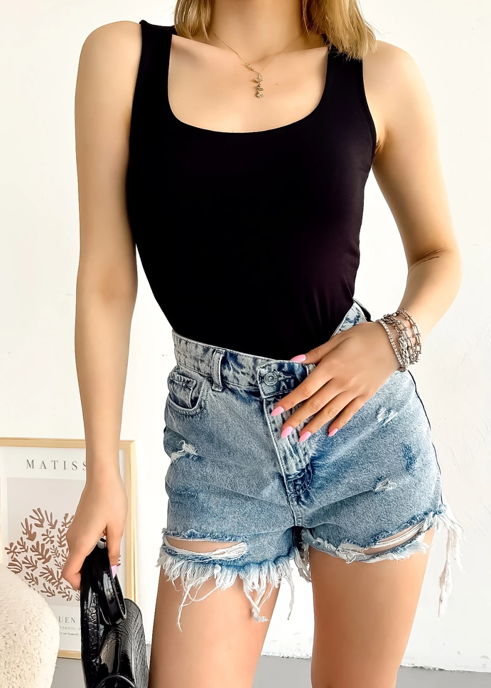 Kadın Siyah Sıfır Kol Luxury Önü Çift Kat Viskon Bluz