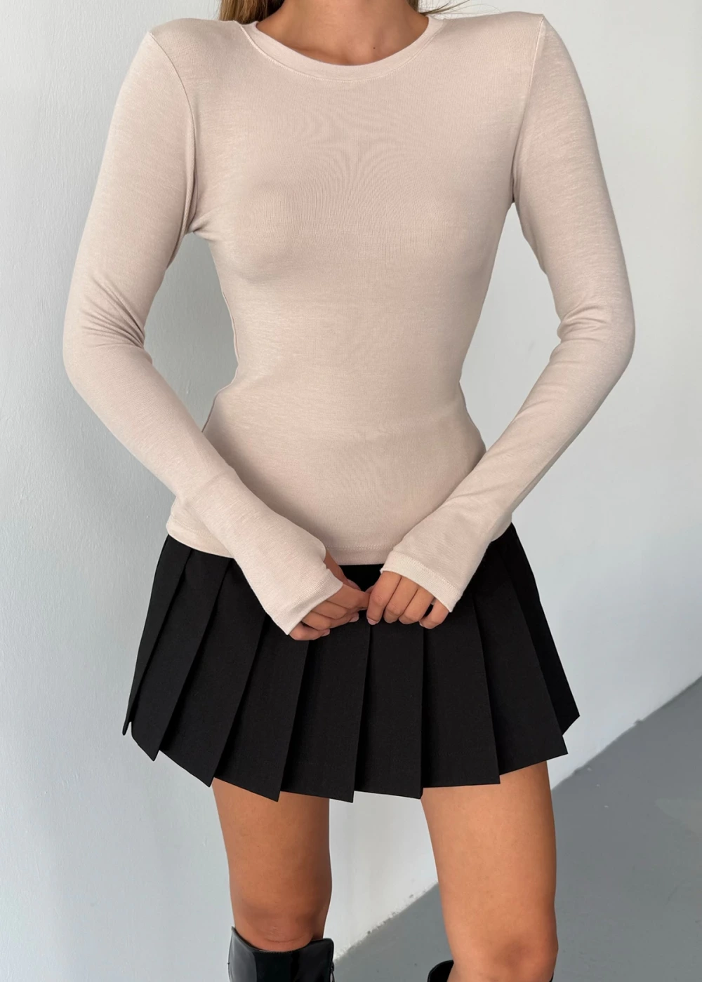 Kadın Taş Bisiklet Yaka Parmak Geçmeli Modal Kumaş Body