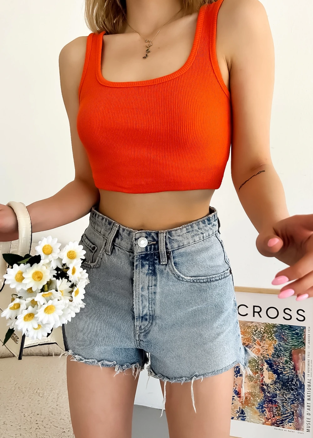 Kadın Turuncu Kalın Askılı Kaşkorse Basic Crop Bluz