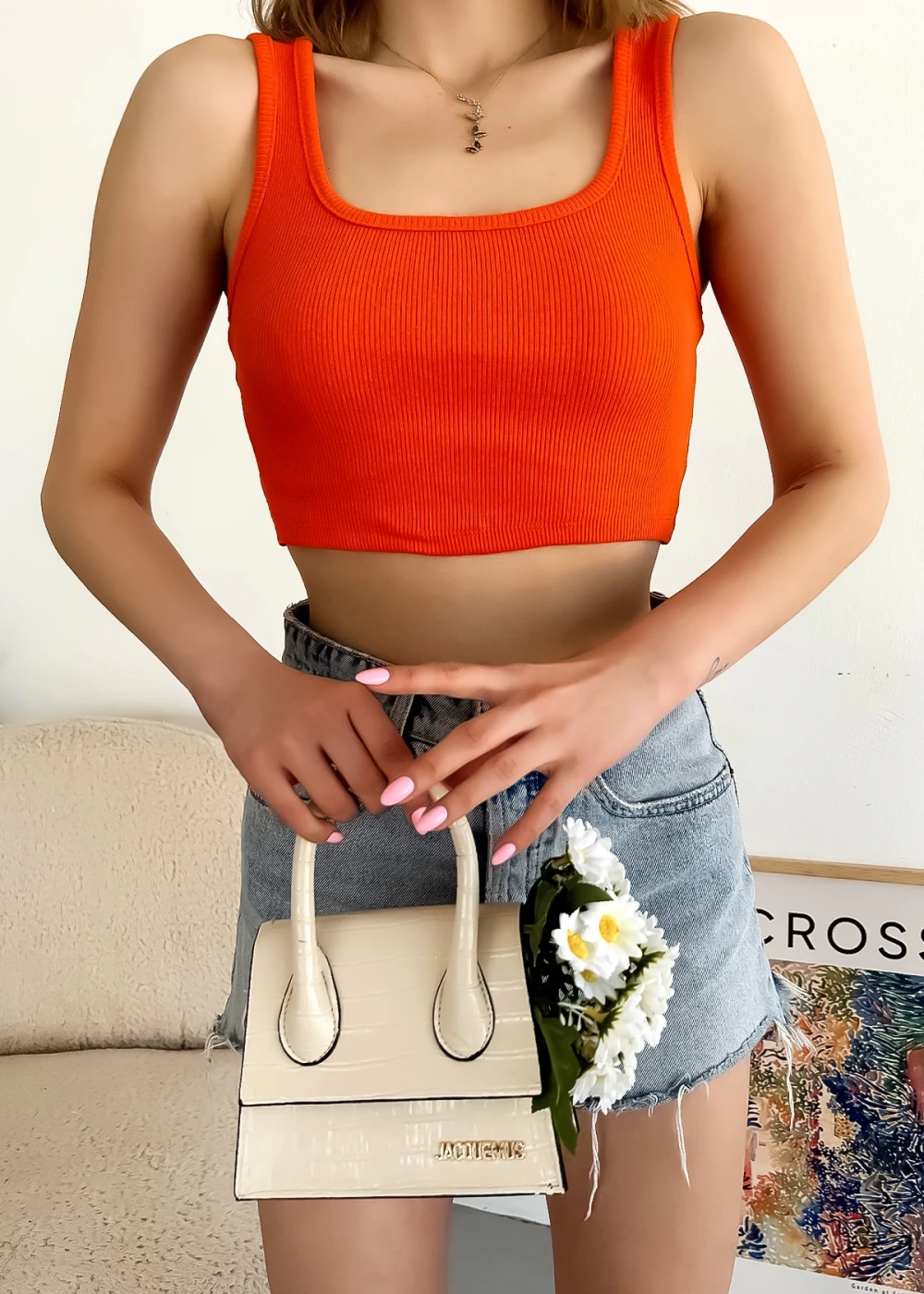 Kadın Turuncu Kalın Askılı Kaşkorse Basic Crop Bluz