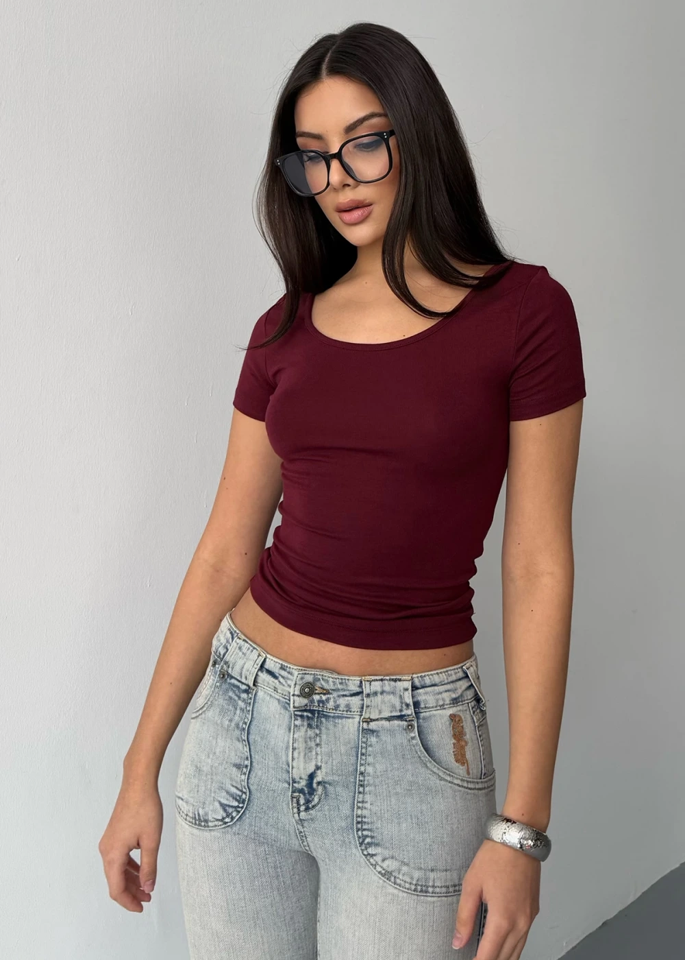 Kadın U Yaka Bordo Buzy Modal Kumaş Basic Kısa Kol Bluz