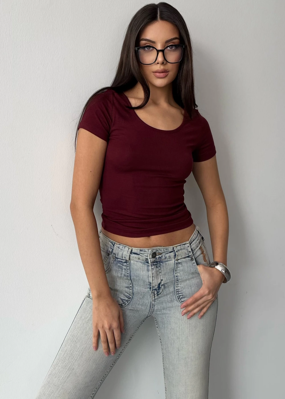 Kadın U Yaka Bordo Buzy Modal Kumaş Basic Kısa Kol Bluz