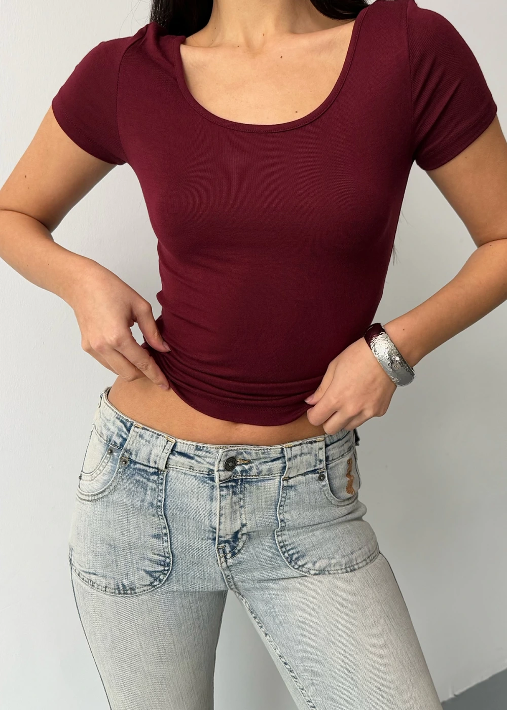 Kadın U Yaka Bordo Buzy Modal Kumaş Basic Kısa Kol Bluz