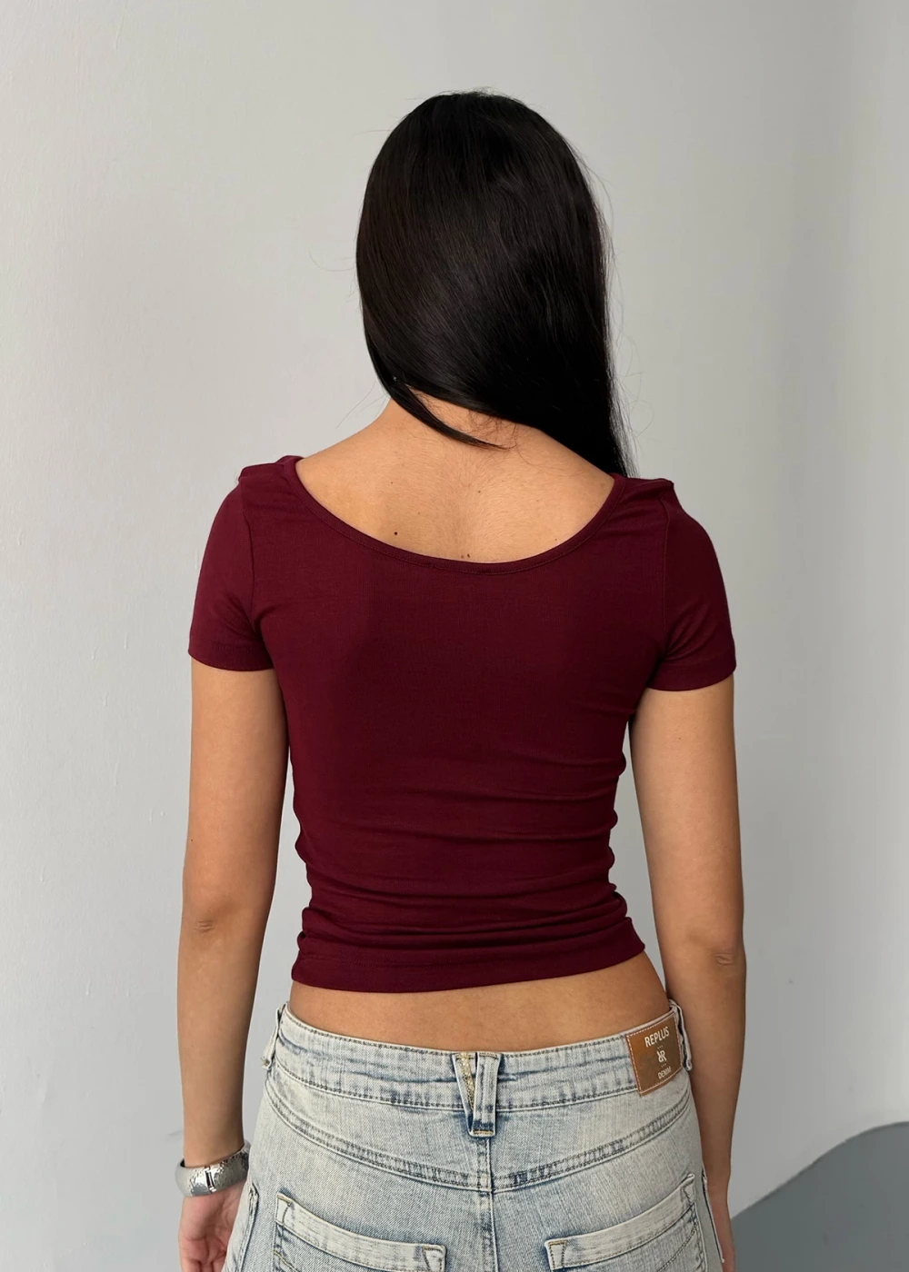 Kadın U Yaka Bordo Buzy Modal Kumaş Basic Kısa Kol Bluz