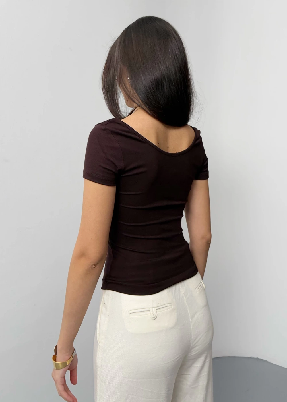 Kadın U Yaka Kahve Buzy Modal Kumaş Basic Kısa Kol Bluz