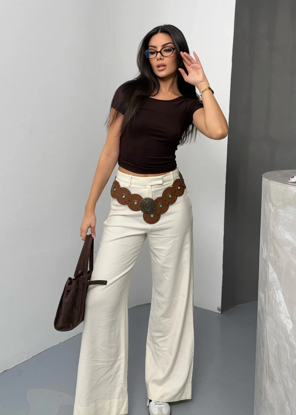 Kadın U Yaka Kahve Buzy Modal Kumaş Basic Kısa Kol Bluz