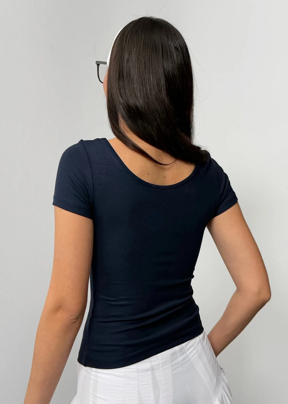 Kadın U Yaka Lacivert Buzy Modal Kumaş Basic Kısa Kol Bluz