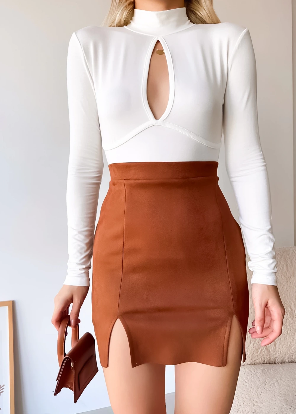 Kadın Viskon Pencere Detay Düz Ekru Bluz