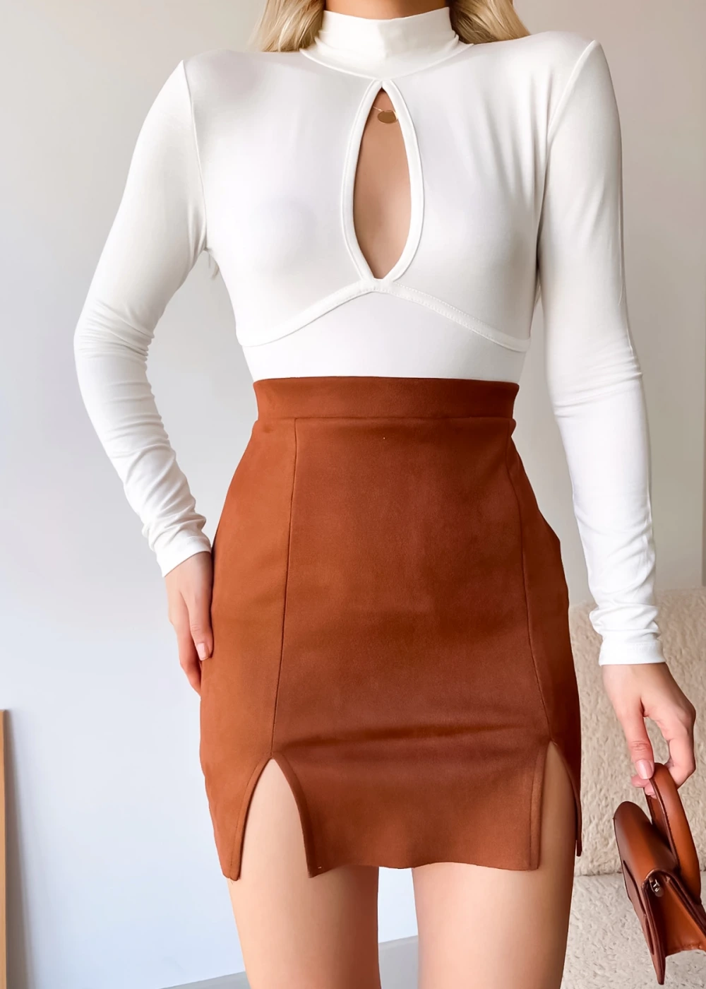 Kadın Viskon Pencere Detay Düz Ekru Bluz