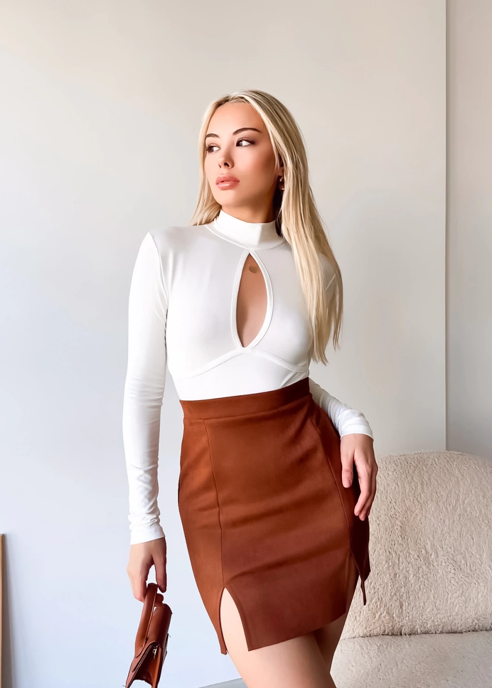 Kadın Viskon Pencere Detay Düz Ekru Bluz