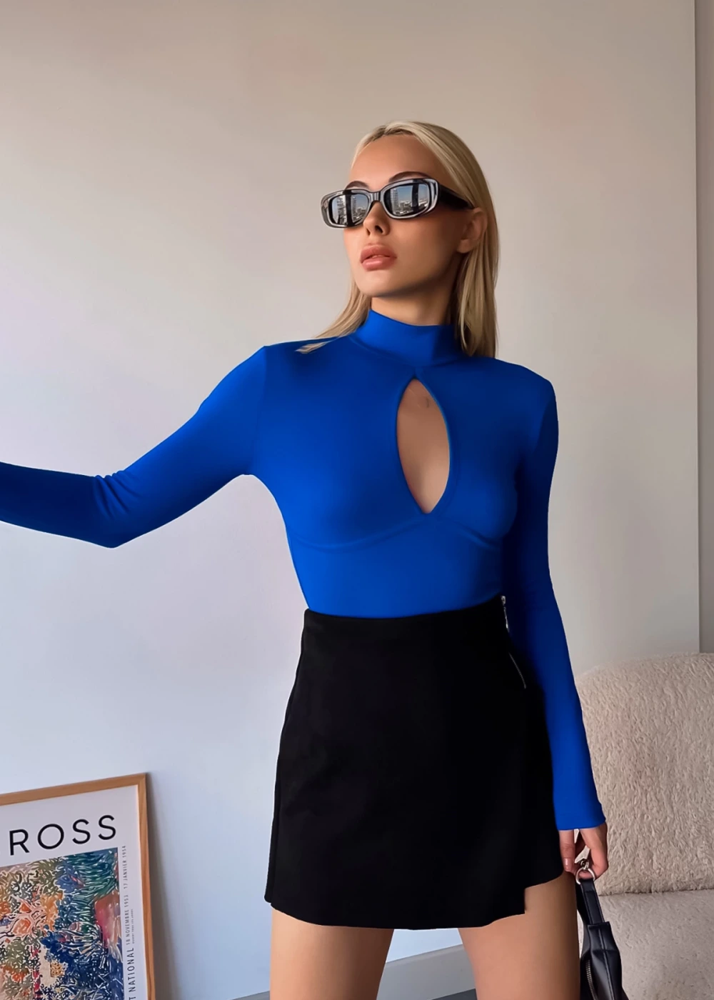 Kadın Viskon Pencere Detay Düz Saks Mavisi Bluz