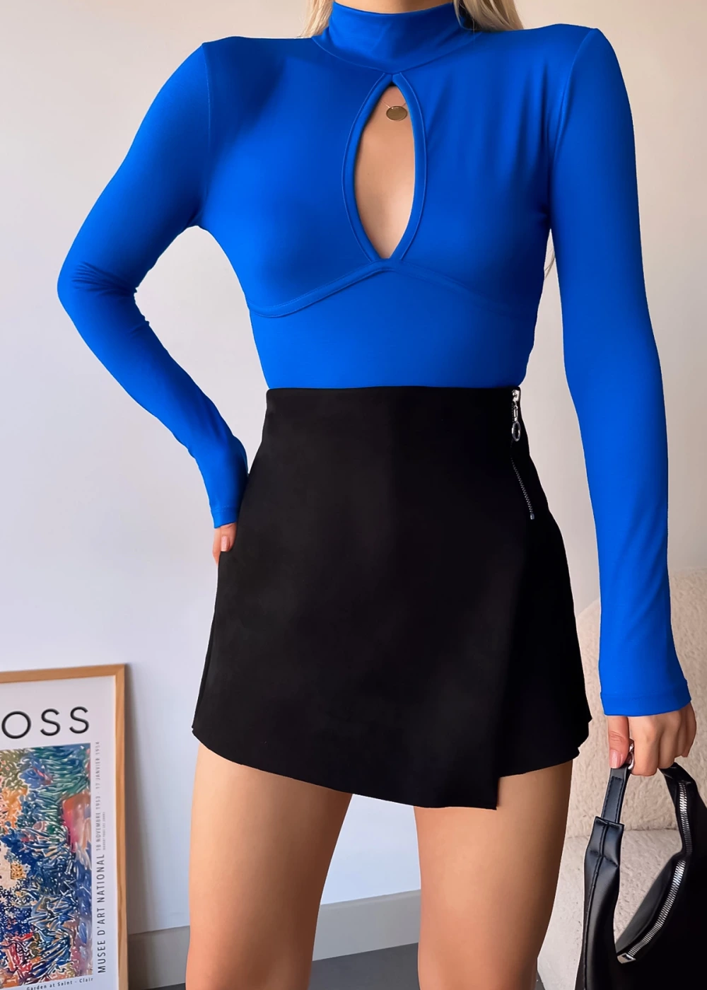 Kadın Viskon Pencere Detay Düz Saks Mavisi Bluz