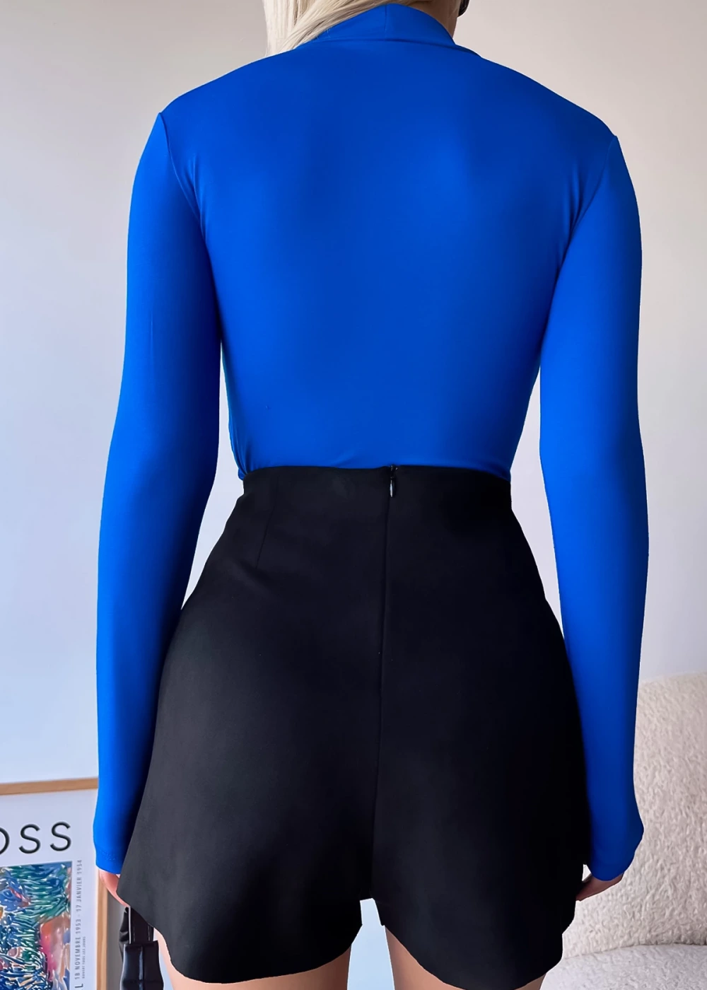 Kadın Viskon Pencere Detay Düz Saks Mavisi Bluz