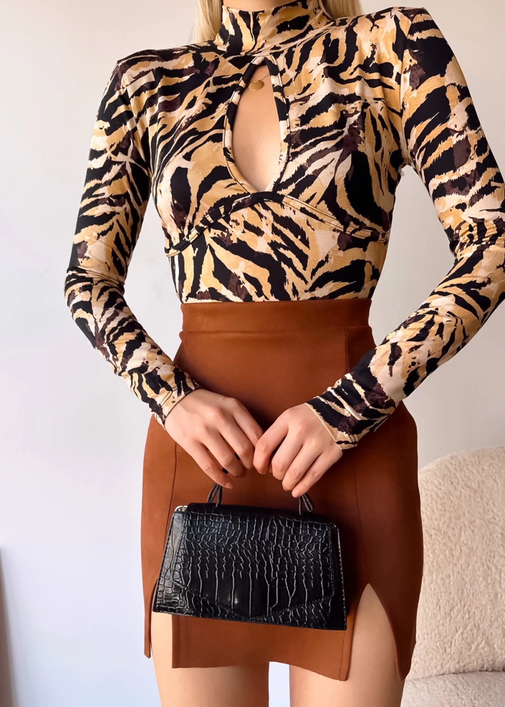 Kadın Viskon Pencere Detay Sonbahar Desen Bluz