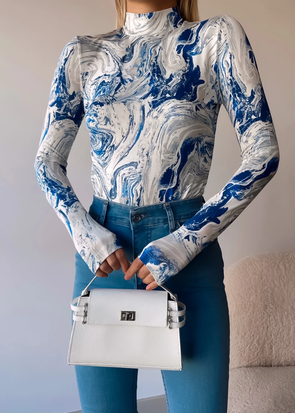 Kadın Yeni Sezon Mavi Wave Desen Dik Yaka Uzun Kollu Bluz