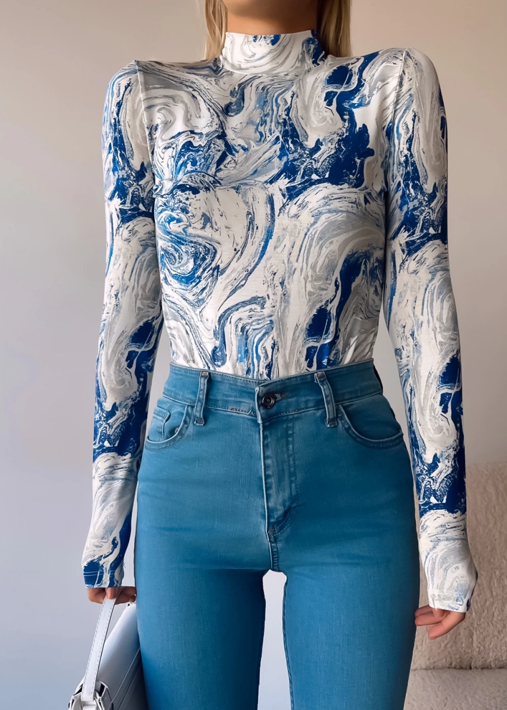 Kadın Yeni Sezon Mavi Wave Desen Dik Yaka Uzun Kollu Bluz
