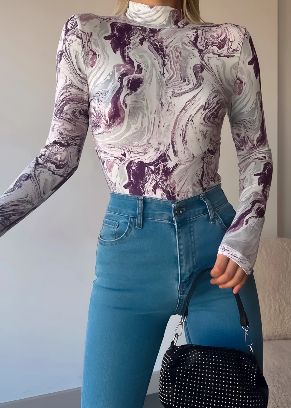 Kadın Yeni Sezon Mor Wave Desen Dik Yaka Uzun Kollu Bluz