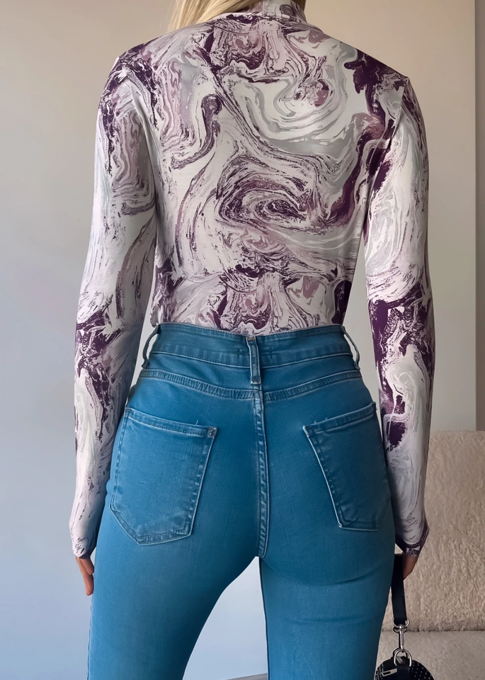 Kadın Yeni Sezon Mor Wave Desen Dik Yaka Uzun Kollu Bluz