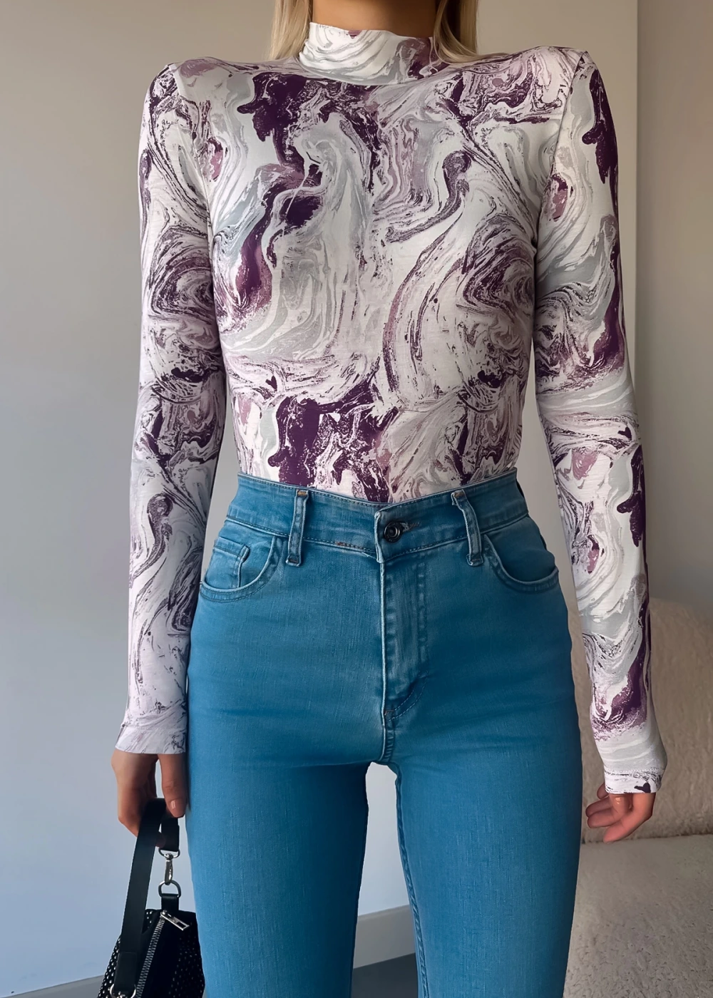 Kadın Yeni Sezon Mor Wave Desen Dik Yaka Uzun Kollu Bluz