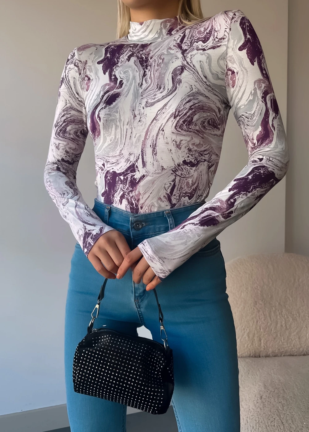 Kadın Yeni Sezon Mor Wave Desen Dik Yaka Uzun Kollu Bluz