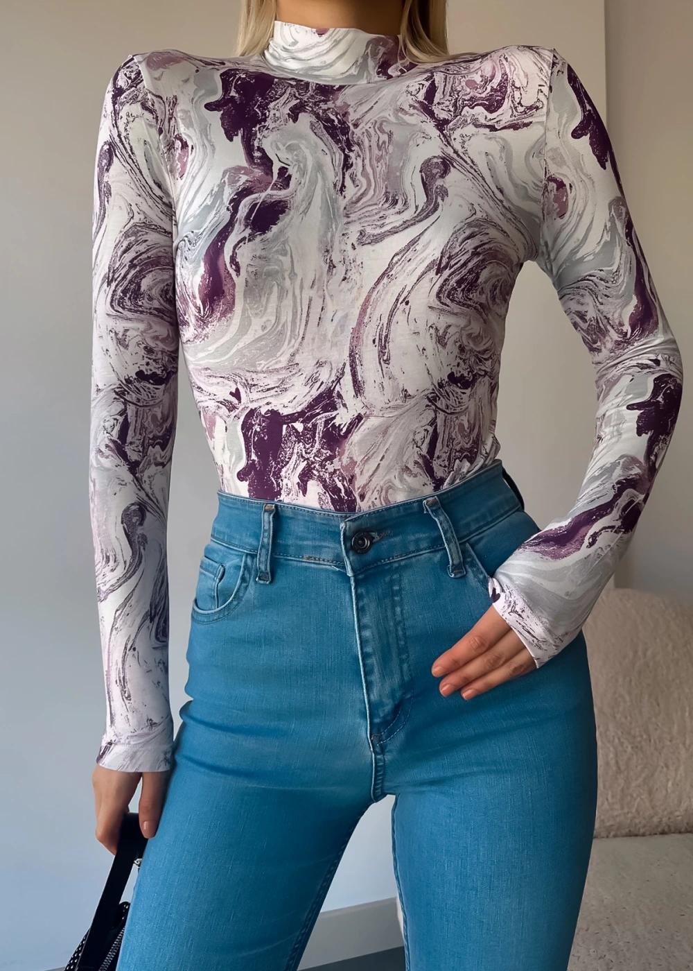 Kadın Yeni Sezon Mor Wave Desen Dik Yaka Uzun Kollu Bluz